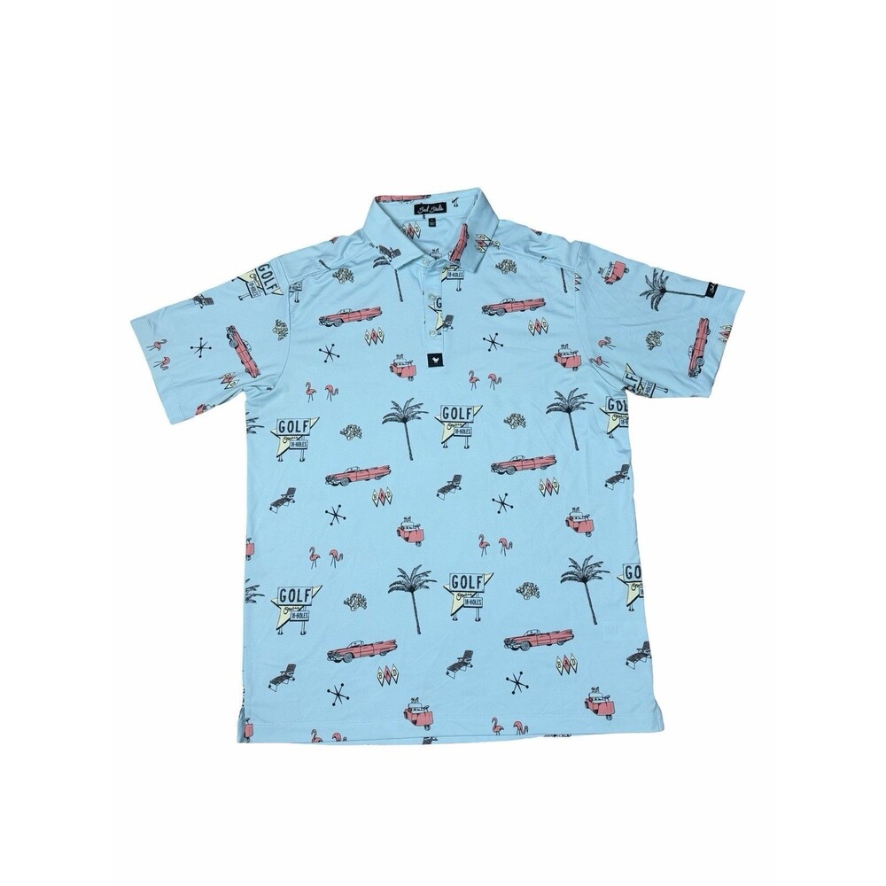 BAD BIRDIE Golf Polo Shirt Retro Blue Car Oasis Flamingo Adult Mens L  Quality